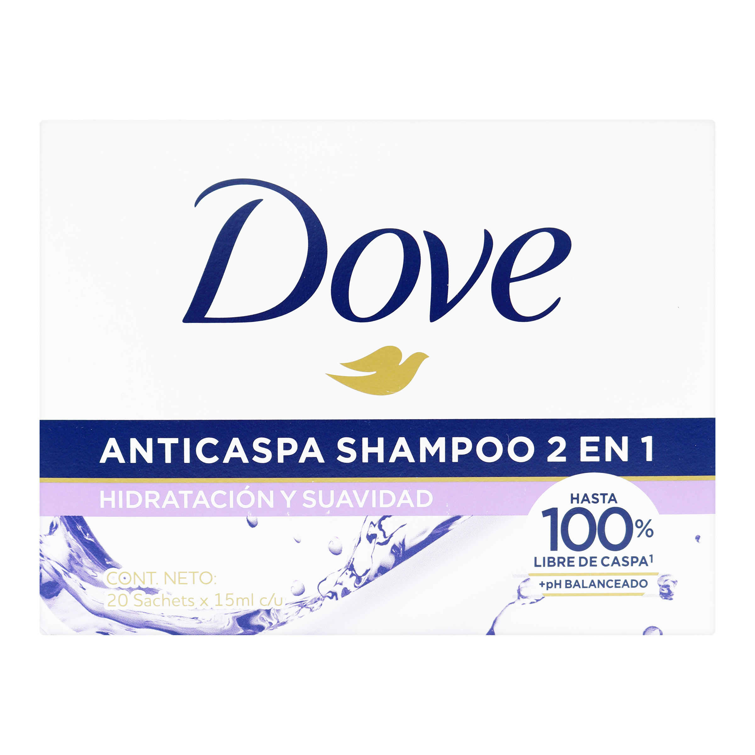 Shampoo Dove anticaspa 2 en1 hidrata y suavisa Sachet x 15ml caja x 20 unds.
